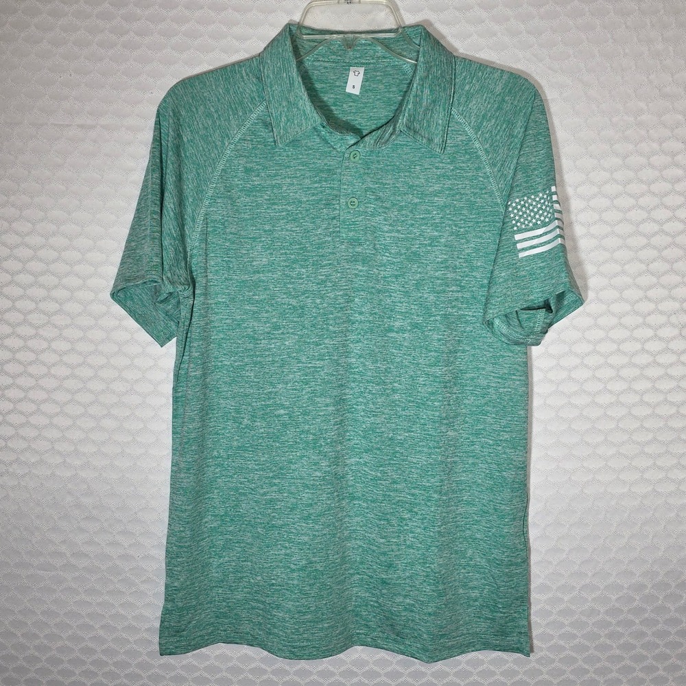 Mens Green Heathered Performance Polo Shirt American Flag Sleeve Small